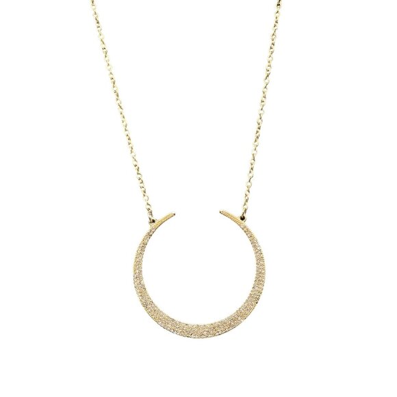 T&R Pave Rhinestone Crescent Half Moon Pendant Chain Necklace Gold Tone Classic - Picture 4 of 6